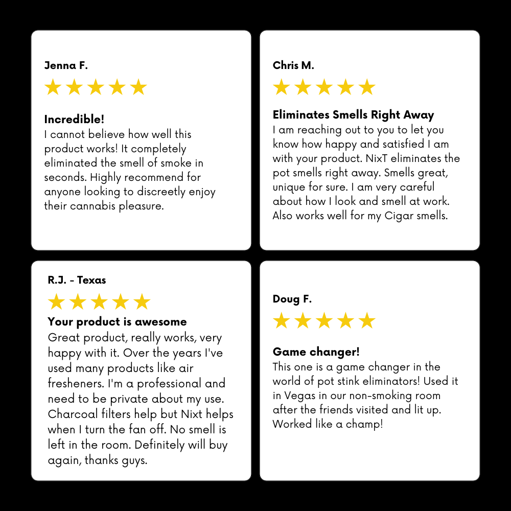 NixT 420 Permanent Odor Remover 5-star reviews and testimonials