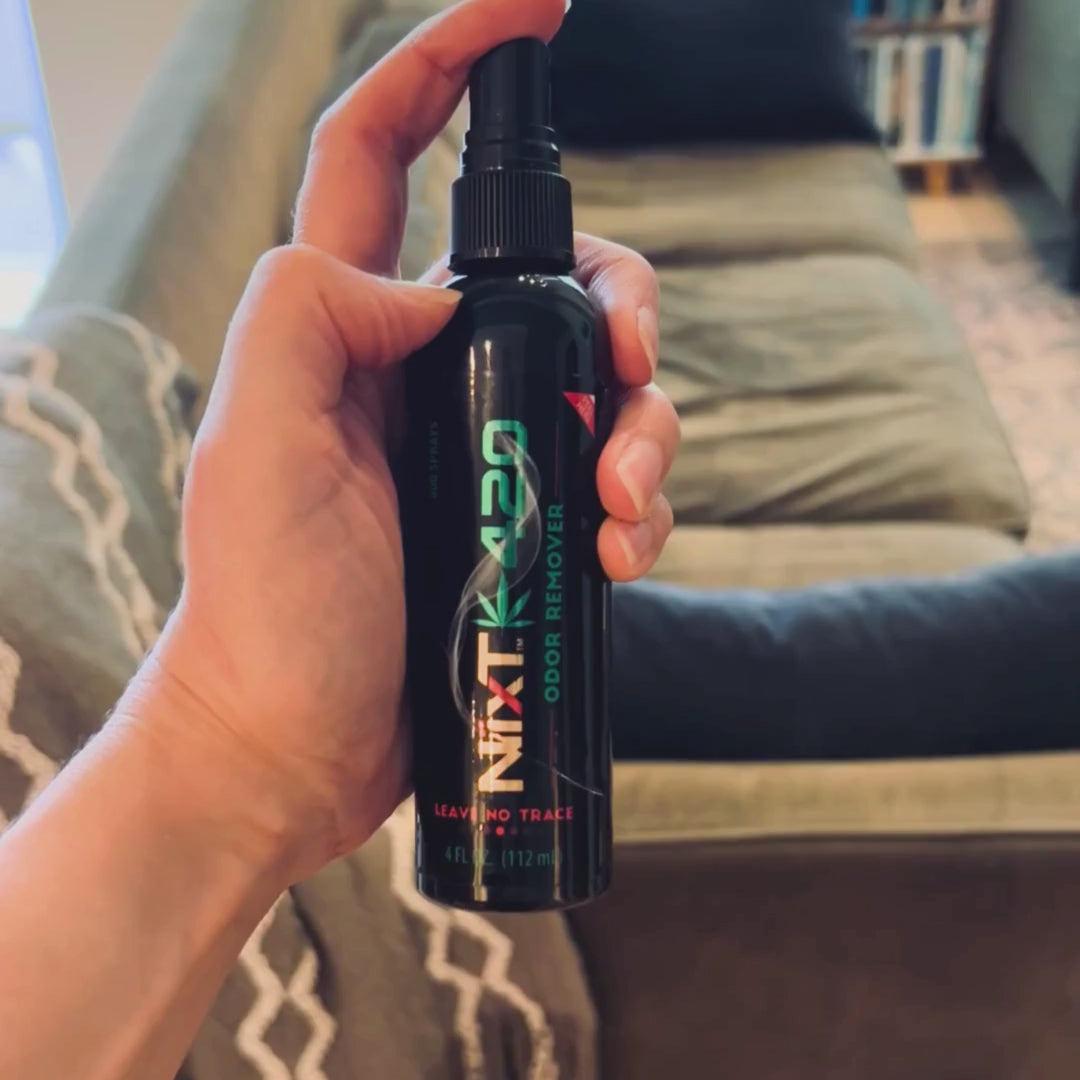 A video showing NixT 420 Odor Remover being sprayed in a room.